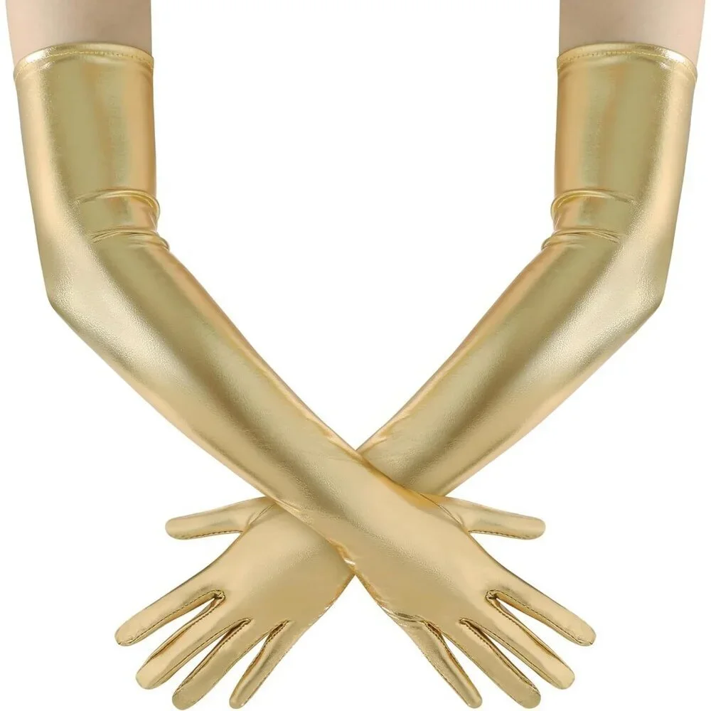 Women's Shiny Gold Metallic Wet Look Gloves Elbow Length Halloween Costumes